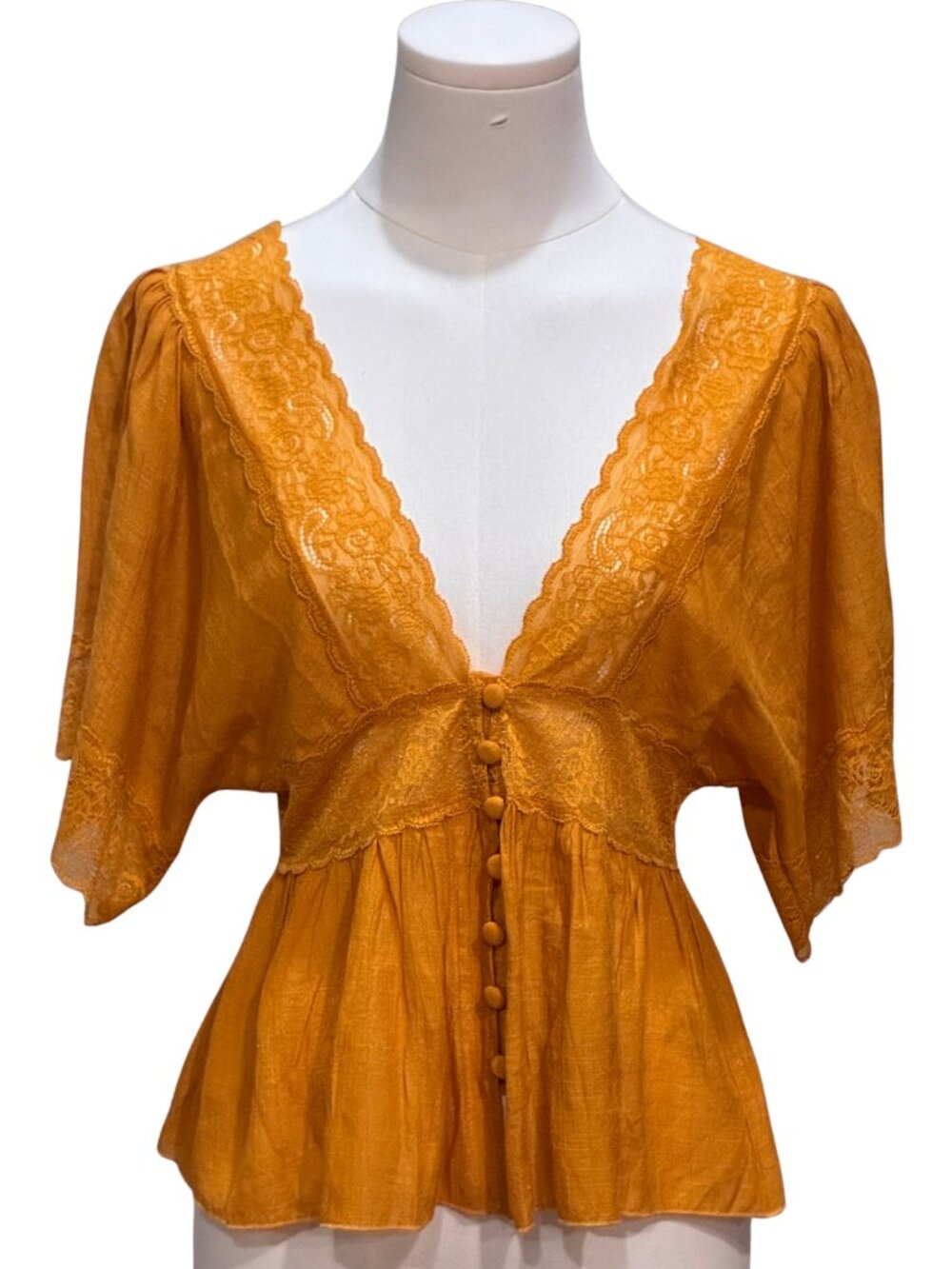 American Flirt Marigold Yellow Boho Festival Lace Trim Plunge Y2K Babydoll Top M